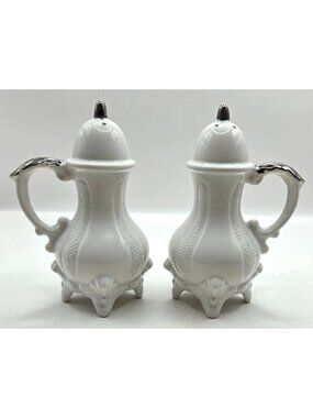 Vtg Loma Coffee Tea Pot Kettle Salt & Pepper Shakers White Silver Footed Stopper